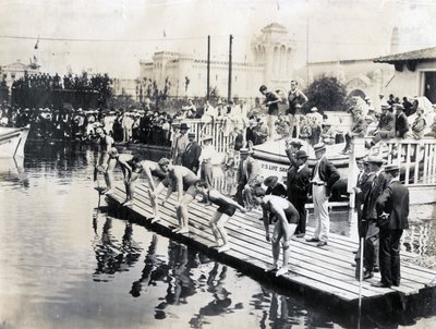 Start of the 100 Yard Swimming Dash, Championship Heat, Zoltan Holoway of Hungary (extreme left), winner at the 1904 Olympics by Jessie Tarbox Beals